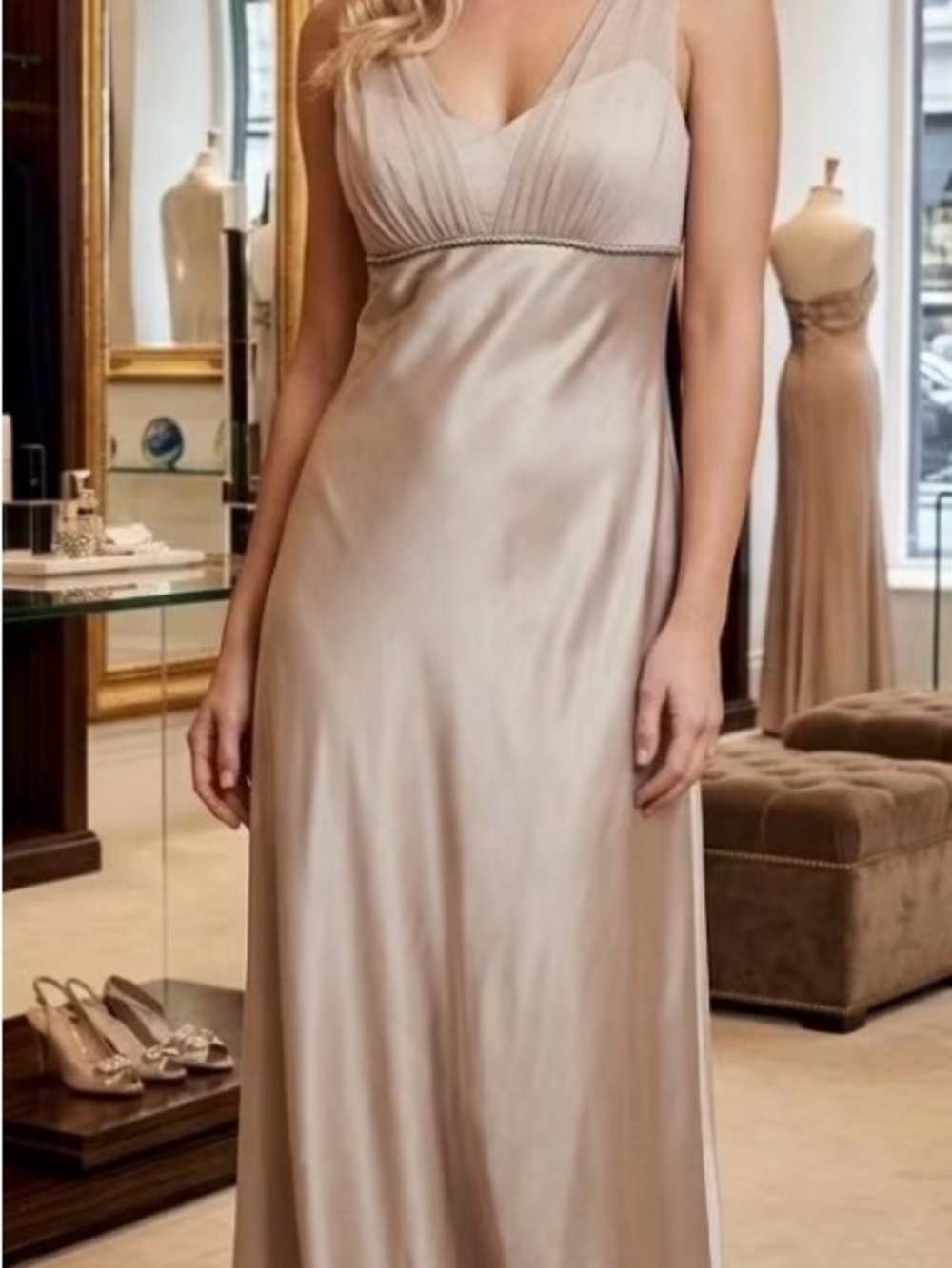 Macy's Satin Taupe Maxi Dress with V-Neck